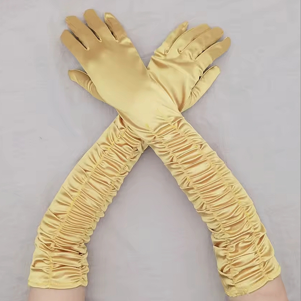 Stunning Unique Gold Runched Satin Elbow Gloves Wedding Formal Bridal Te…